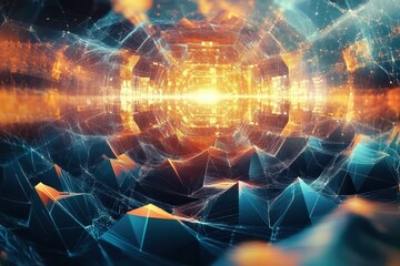 abstract technology background features a mesmerizing display of polygonal art- creating a dynamic and futuristic visual experience that captivates viewer with its intricate geometric patterns and vib