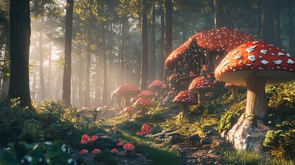 Enchanting Fantasy Forest with Giant Mushrooms, Magical Wonderland Scene