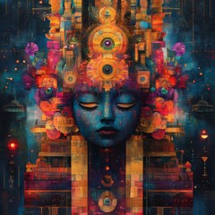 a serene portrait of a goddess surrounded by intricate details, blending spiritual and architectural motifs.