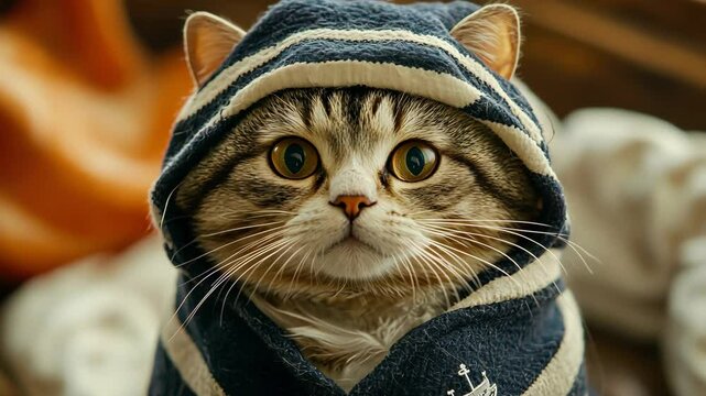 Cute pet cat wearing cozy hoodie indoors with nautical theme, sailor suit