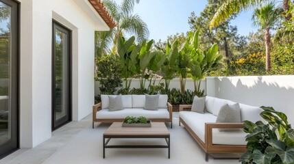 Obraz premium Modern living room patio with outdoor furniture and plants contemporary design bright environment