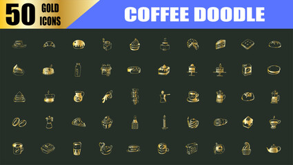 Cute doodle cartoon coffee shop icons. gold line art.