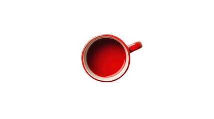 A vibrant red mug filled with liquid, viewed from above against a neutral background.