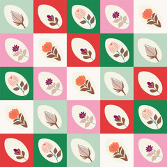Seamless checkered pattern with colorful Easter eggs, each decorated with a delicate flower in various shades on a colorful patchwork background in red, green, pink, and beige. Perfect for text