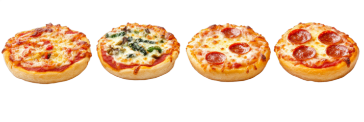 Freshly baked mini pizzas arranged side by side display a range of toppings including pepperoni, vegetables, and cheeses. Perfect for a casual meal or gathering, they invite everyone to enjoy
