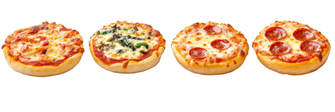 Freshly baked mini pizzas arranged side by side display a range of toppings including pepperoni, vegetables, and cheeses. Perfect for a casual meal or gathering, they invite everyone to enjoy