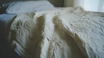 Obraz premium A close view of a bed with a textured white quilt