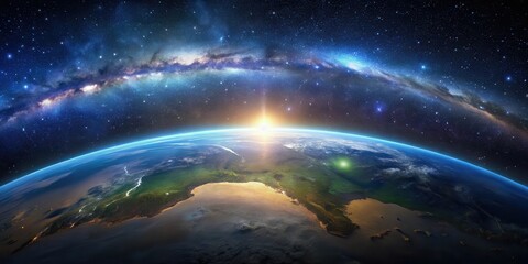 Fototapeta premium Panoramic view of Earth from space , starry night, heavenly view, starry night