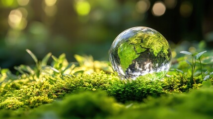 A Crystal Globe Representing Our Green Planet Resting on Lush Mossy Ground in a Sunlit Forest Setting
