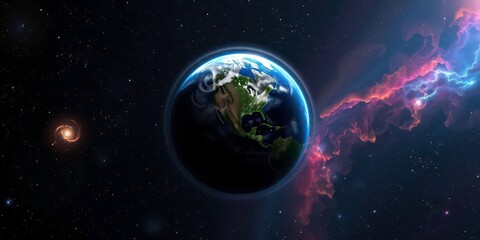 Obraz premium Earth with a Halo of Light Seen from Space, Surrounded by Star Clusters and Nebulae