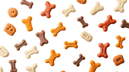Colorful assorted dog treats in various shapes on a white background.