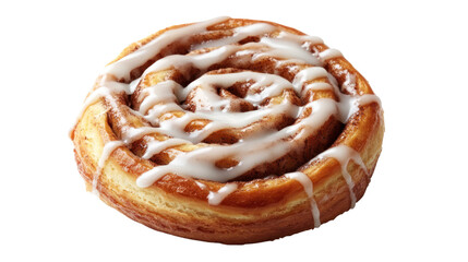 A delicious cinnamon roll topped with creamy icing, perfect for breakfast or dessert.