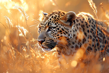 Leopard in golden savannah: majestic big cat amidst sunlit grasslands, wildlife