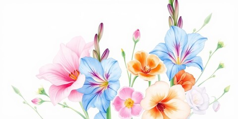  A Soft Watercolor Composition of Blue Gladiolus, Pink and Orange Blossoms