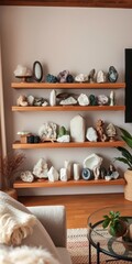  Elegant Display of Raw Crystals and Gemstones on Wooden Shelves in Boho Living Room