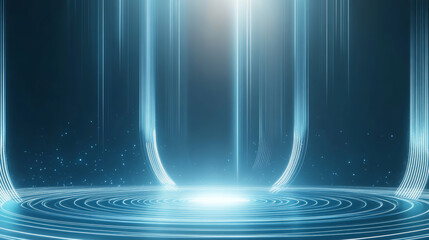 E-commerce product exhibition booth with blue technology background