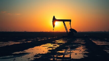 Fototapeta premium Rustic Oilfield Scene with a Silhouette Drilling Rig and Golden Yellow Sunset Light