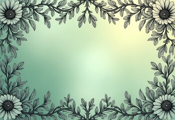 Black Ink Florals: Art Nouveau Pattern on Soft Green Background &ndash; Explore this high-resolution Art Nouveau pattern featuring flowers and leaves in black ink against a soft light green background, offe
