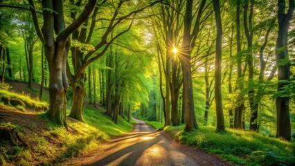 Naklejka premium Warm sunlight filters through lush green leaves of deciduous trees onto a winding forest path, casting dappled shadows and highlighting natural textures , path, dappled