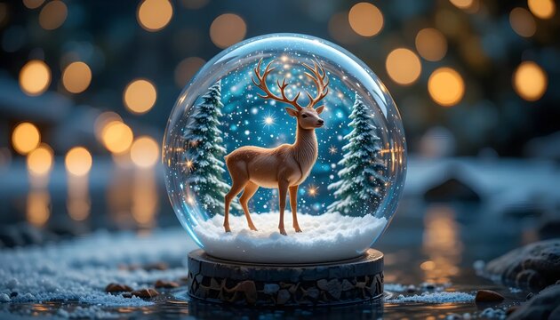 Enchanted Winter Snow Globe with Reindeer Figurine
