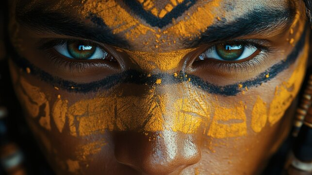 Close-up of a face painted with vibrant orange and black tribal patterns. The piercing green eyes stare directly into the camera, capturing a powerful intensity and a sense of deep history