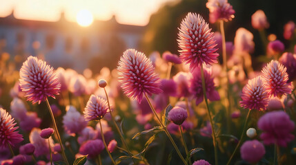 Pink globe amaranth flowers blooming in summer garden at sunset