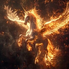 Obraz premium Burning Inferno Fire Pegasus Ethereal Mystical Unicorn Flame Wings