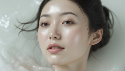 Naklejka premium Glowing skin and serene expression in a relaxing bubble bath at a tranquil spa setting