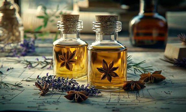 Aromatic essential oils in glass bottles with herbs on vintage map