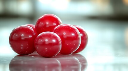Several shiny red spheres clustered together on a reflective surface