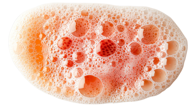 Png of Close-up of a vibrant pink-orange soap bubble layer with a plethora of unique bubble formations on transparent background.