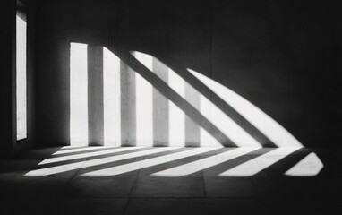 Black and white image of sunlight streaming through vertical openings in a concrete wall, casting strong diagonal shadows on the floor