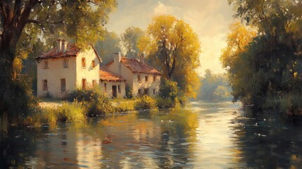 Fototapeta premium a picturesque rural scene featuring a charming house nestled by a tranquil river with lush green trees and a vibrant sky above