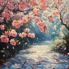 Pink cherry blossoms falling on a stone path in a sunlit garden. The image evokes a sense of serenity and beauty.