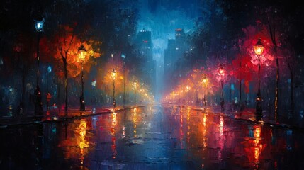 Fototapeta premium vibrant street with colourful lights during a rainy night. The lights reflect on the wet pavement, creating a magical and atmospheric scene.