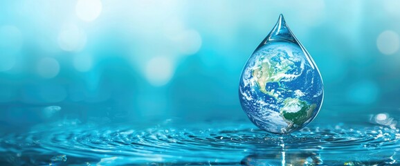 Earth encapsulated in a water droplet for World Water Day with generous text space; perfect for global campaigns, environmental education, and sustainability awareness