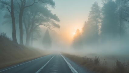 Naklejka premium Misty morning road with trees in foggy landscape at sunrise.