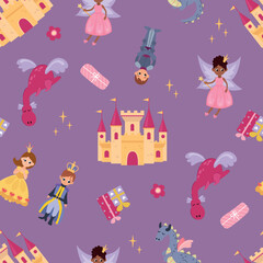 Princesses. Seamless pattern with princesses, castle, fairy, dragon, knight, prince	