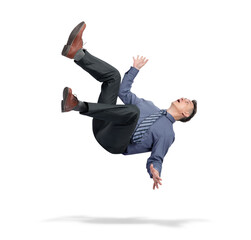 Situation, man in office clothes and tie falls down, isolated on transparent background png. The...