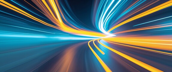 blue and yellow neon lights in fast motion creating an abstract futuristic effect that symbolizes speed energy innovation and dynamic transformation