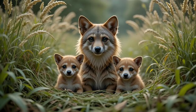 Mother Fox and Cubs in Golden Sunlight