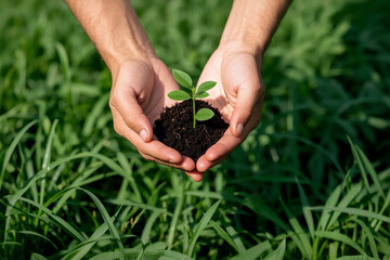 Nurturing Hand Gently Holding a Young Sprout, Symbolizing Renewal