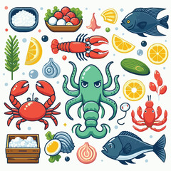 seafood, fish, food, illustration, vector, restaurant, menu, sea, dinner, vintage, fresh, sketch, ocean, design, retro, meal, lunch, background, ink, shrimp, drawing, market, graphic, lobster, marine,