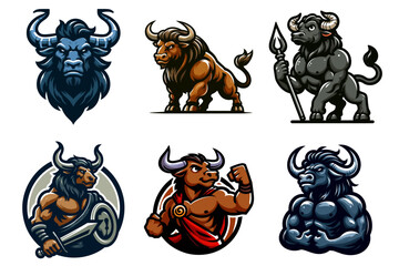 Vibrant minotaur logo in vector mascot style: a cartoon emblem with a powerful body, horns, and an axe, perfect for games, movies, and branding