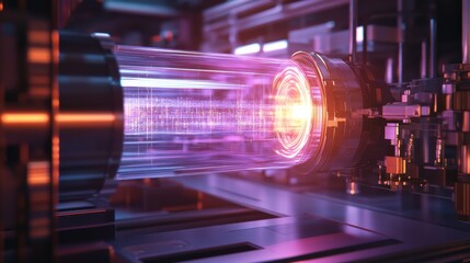 Quantum chip glowing under holographic qubit overlay