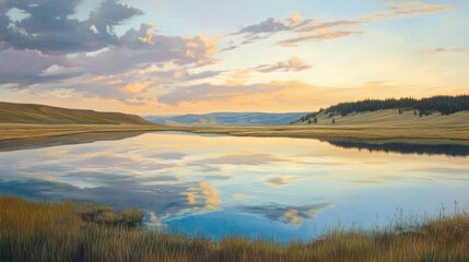 Fototapeta premium Hayden Valley at Yellowstone National Park, Wyoming, US. A Mirror of Nature and Calmness at Sunset