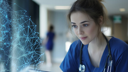 Medical doctor using futuristic interface in hospital corridor