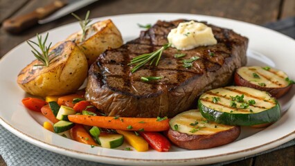 Grilling perfection juicy steak and roasted vegetables at a cozy eatery culinary delight in rustic ambiance