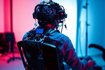A researcher using a headset interacts with a robotic system in a lab, showcasing innovative exploration of brain-computer interfaces Generative AI