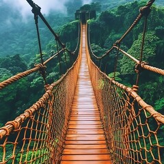 Obraz premium Jungle Rope Bridge Adventure in Lush Rainforest Canopy